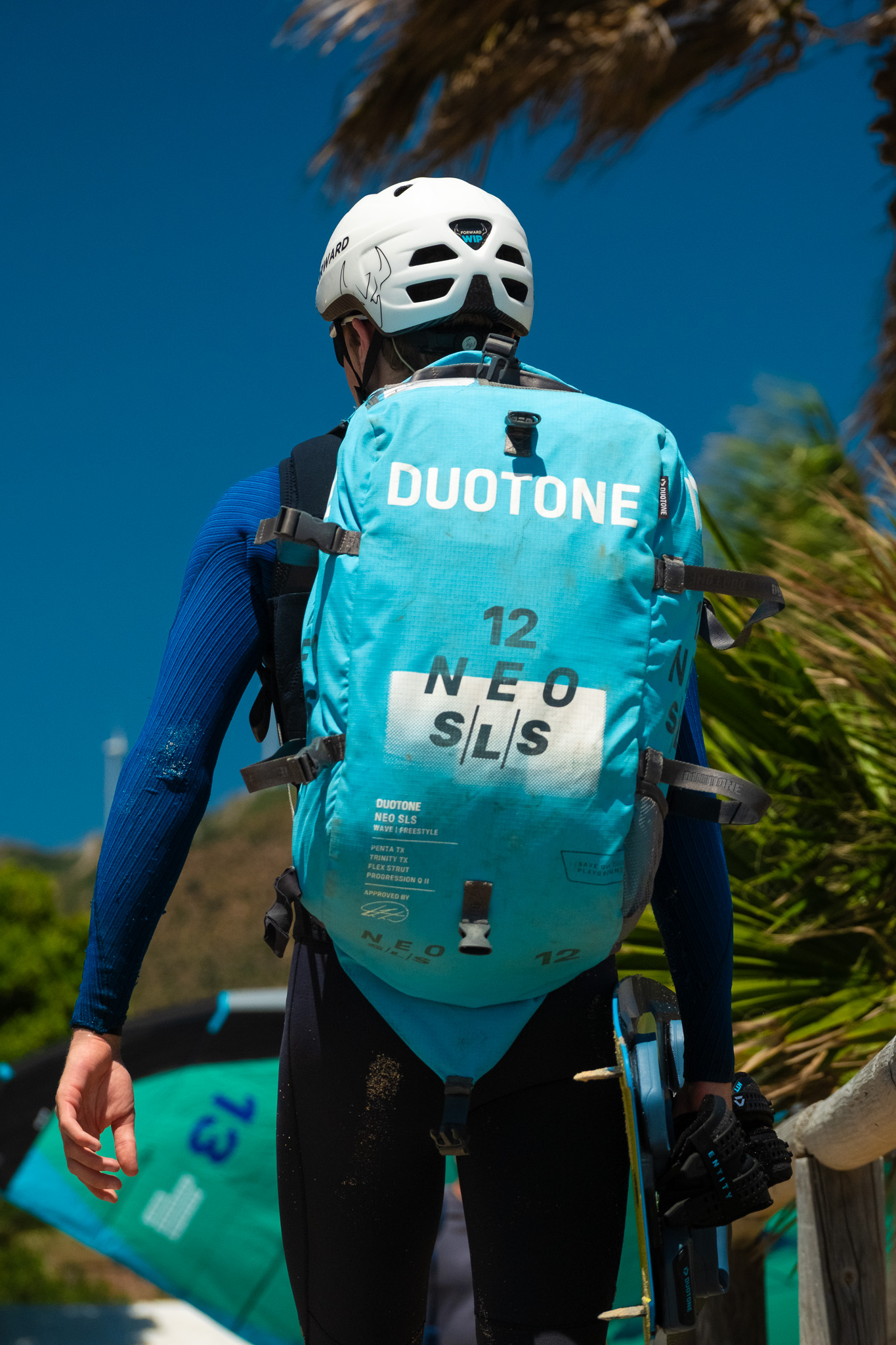 A student with kitesurf equipment before a beginner lesson in Valdevaqueros, Tarifa