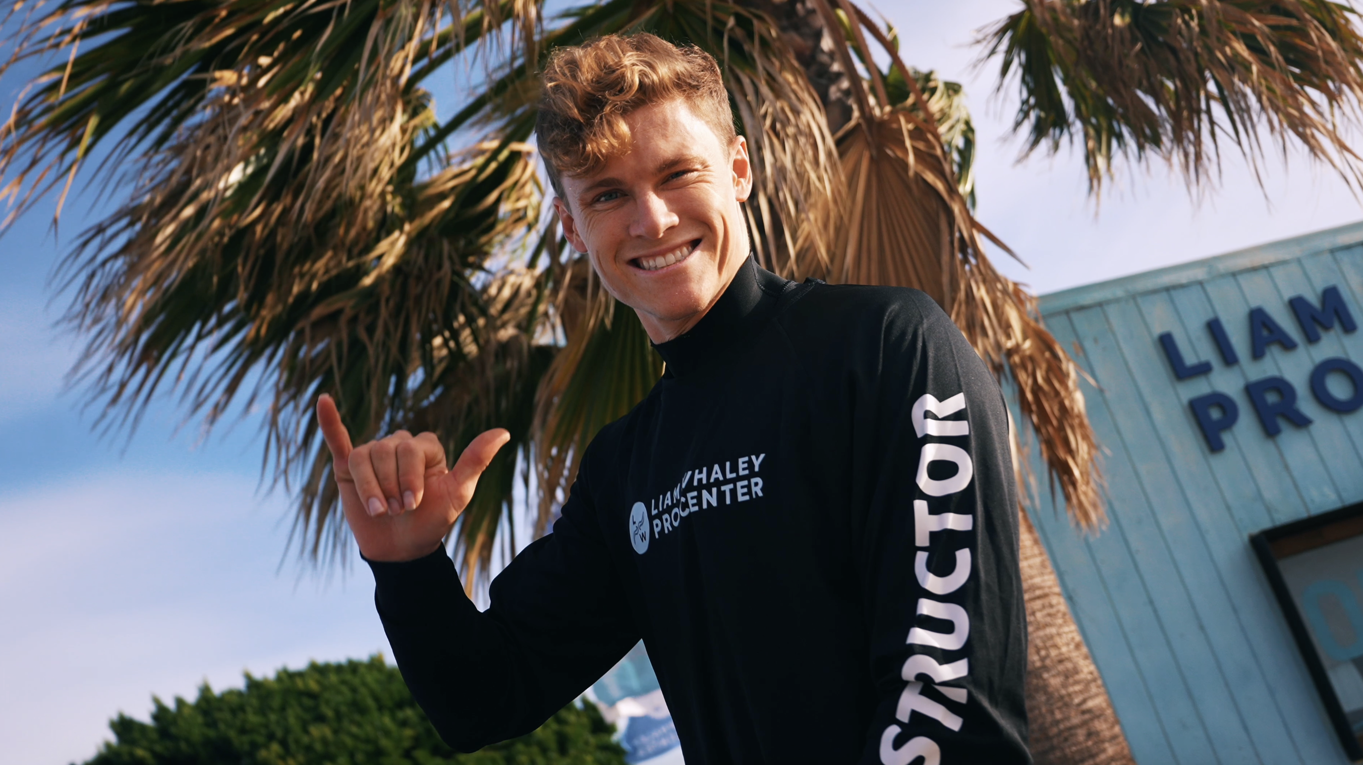 Liam Whaley outside Liam Whaley Pro Center in Tarifa during a Duotone kite demo day at Valdevaqueros Beach