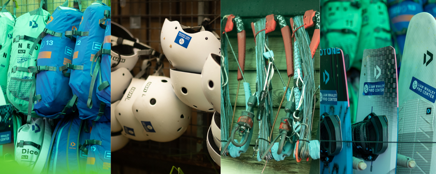 Duotone beginner kitesurf gear and helmets ready for lessons at Liam Whaley Pro Center in Tarifa