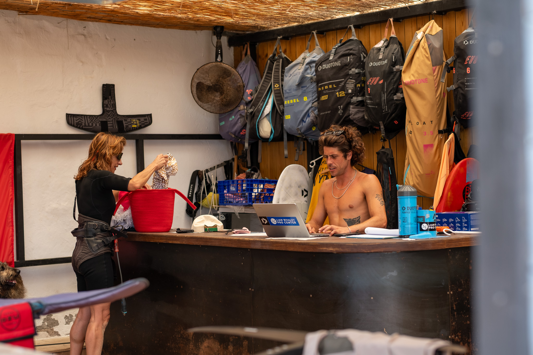 Kitesurf rental equipment and customer service desk at Liam Whaley Pro Center in Tarifa