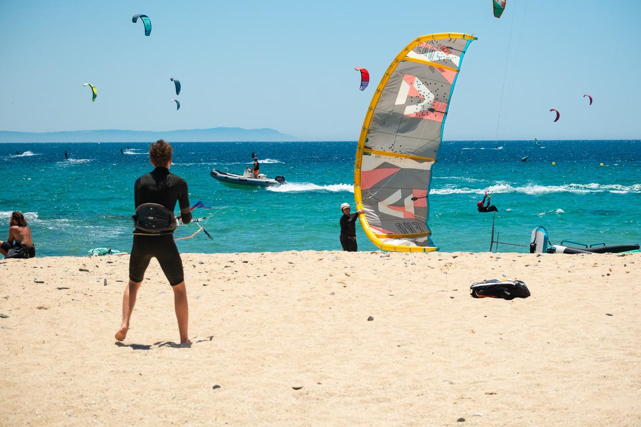Kitesurfing lesson at Valdevaqueros Beach Tarifa with student practicing kite control near the shoreline
