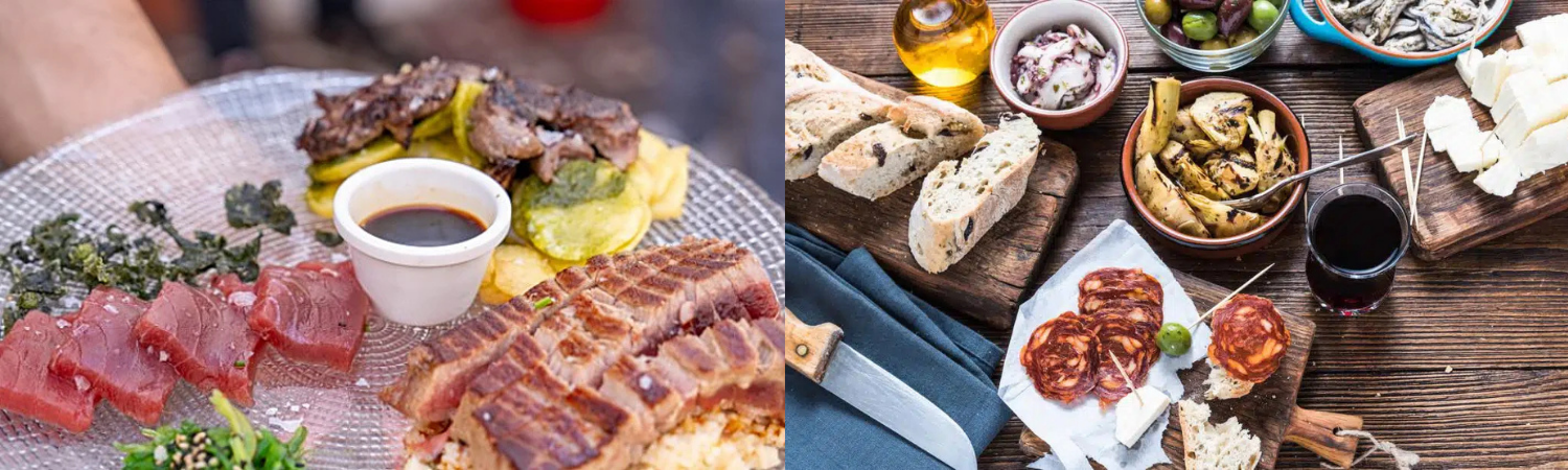 Traditional tapas and grilled tuna dishes served in Tarifa, showcasing local Andalusian food culture and fresh seafood